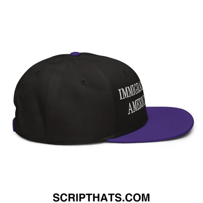 Black and purple snapback hat with white embroidered immigrant america text on the side for casual wear