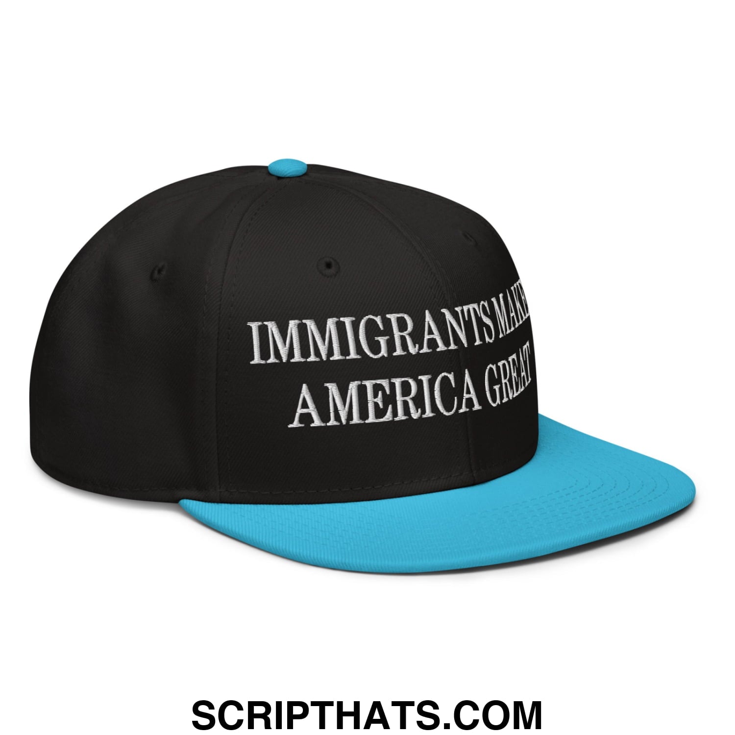 Black snapback cap with turquoise flat brim and white embroidered immigrants make america great text