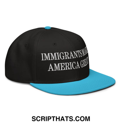 Black snapback cap with turquoise flat brim and white embroidered immigrants make america great text