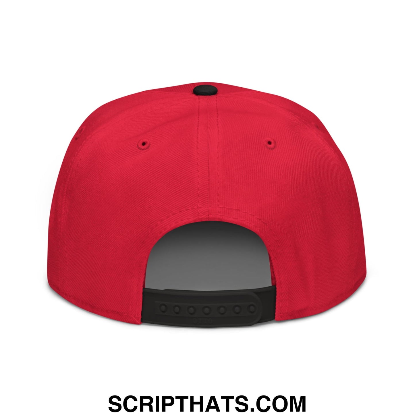 Red snapback cap with black adjustable strap and button featuring immigrants make America great embroidered design