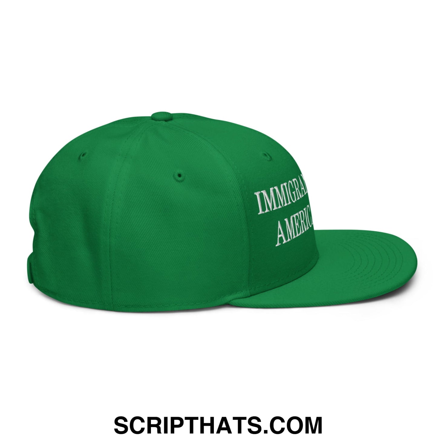 Green snapback cap with white embroidered immigrant america text on the side in immigrants make america great series