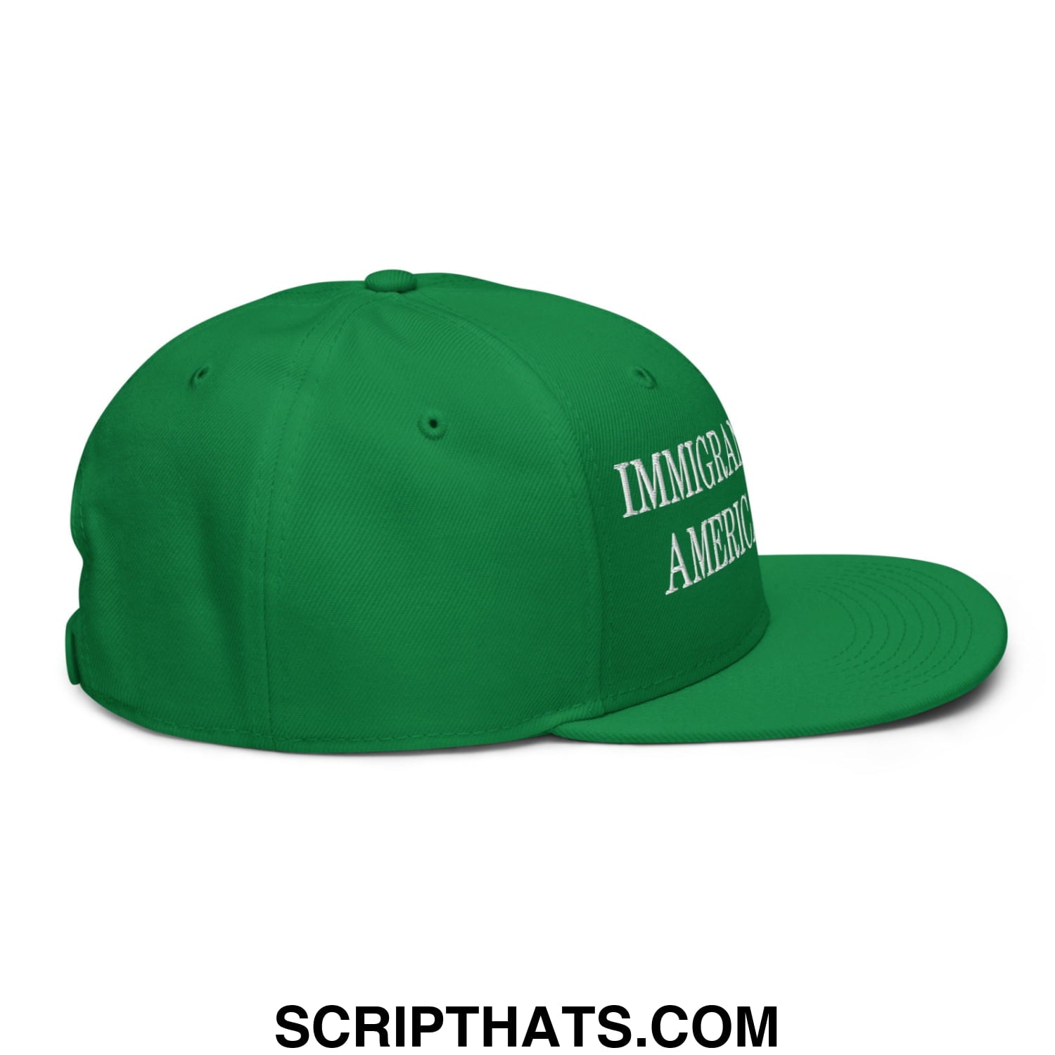 Green snapback cap with white embroidered immigrant america text on the side in immigrants make america great series
