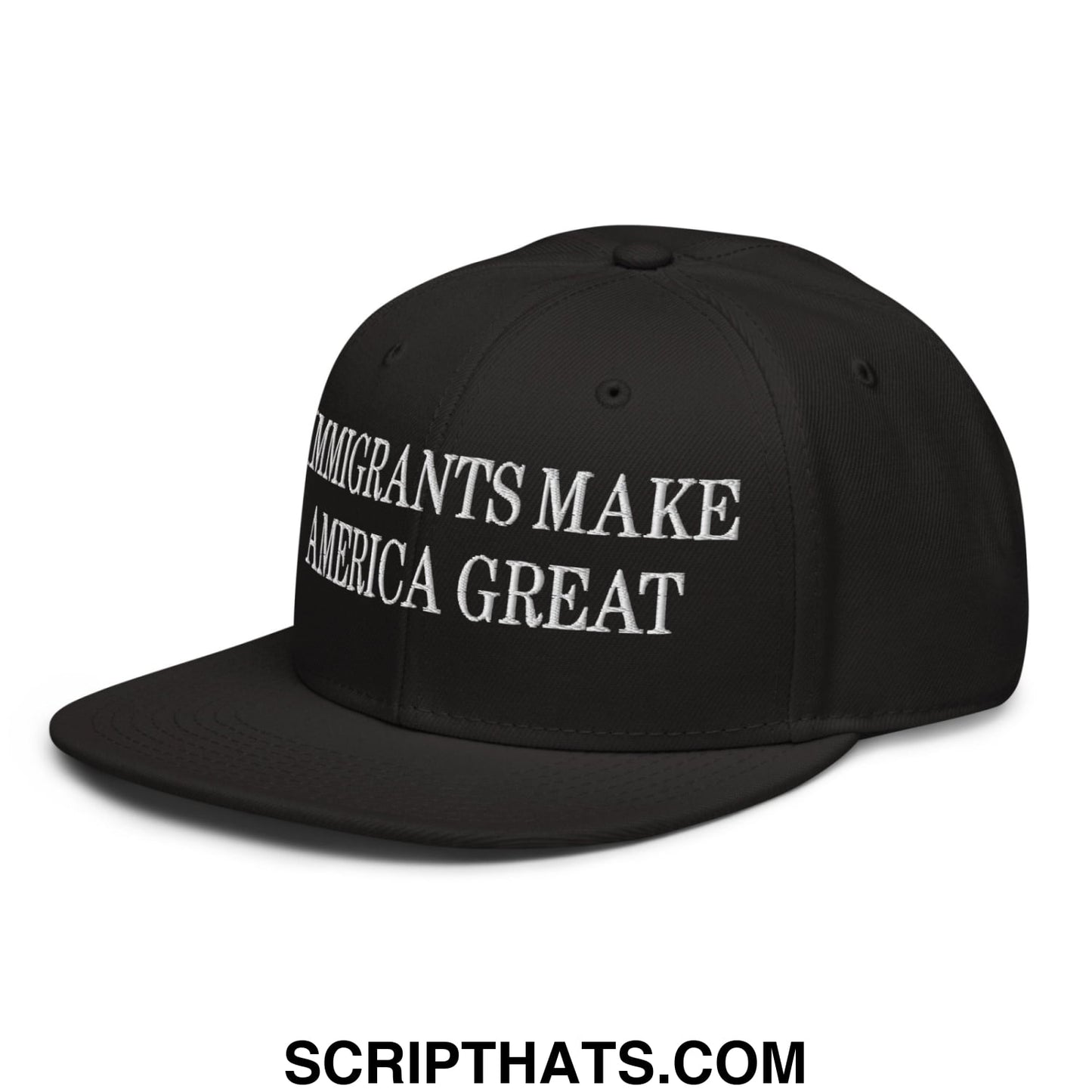 Black snapback cap with white embroidered text immigrants make america great and flat brim for casual wear