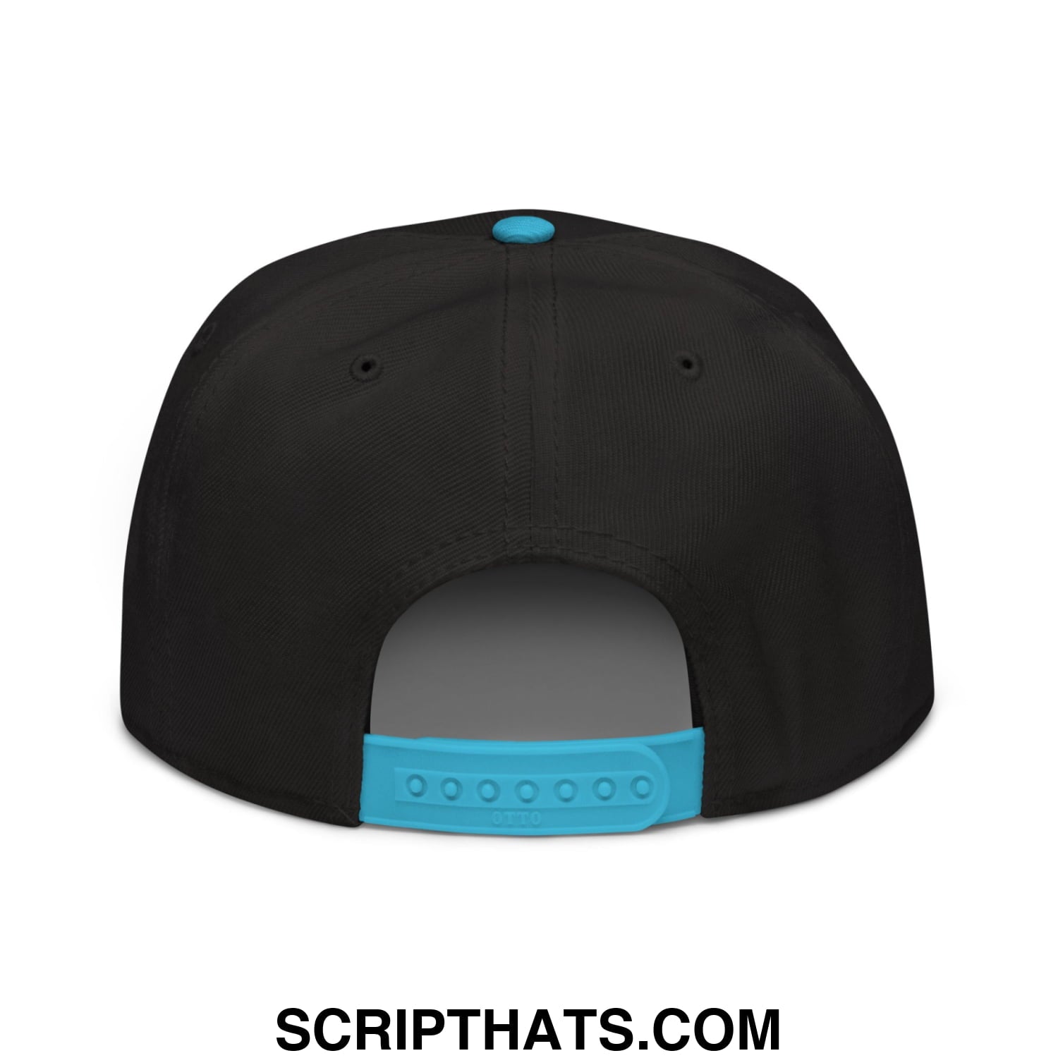 Black snapback cap with turquoise button and adjustable strap embroidered with immigrants make america great