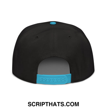 Black snapback cap with turquoise button and adjustable strap embroidered with immigrants make america great