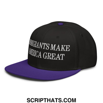 Black and purple snapback hat with white embroidered text reading immigrants make america great on flat brim bill