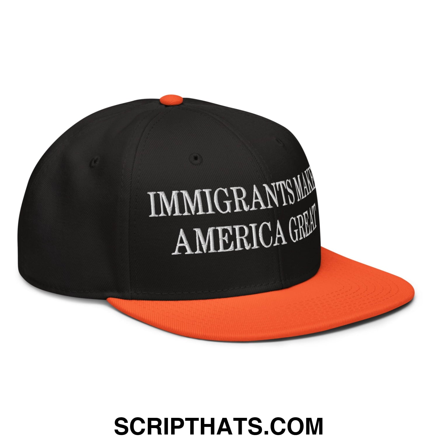 Black and orange snapback cap with white embroidered text reading immigrants make america great on the front panel