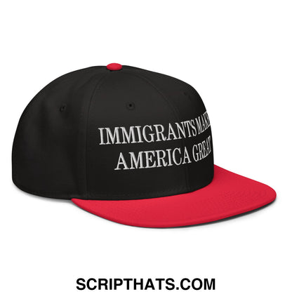 Black and red snapback hat with white embroidered immigrants make america great text on the front panel