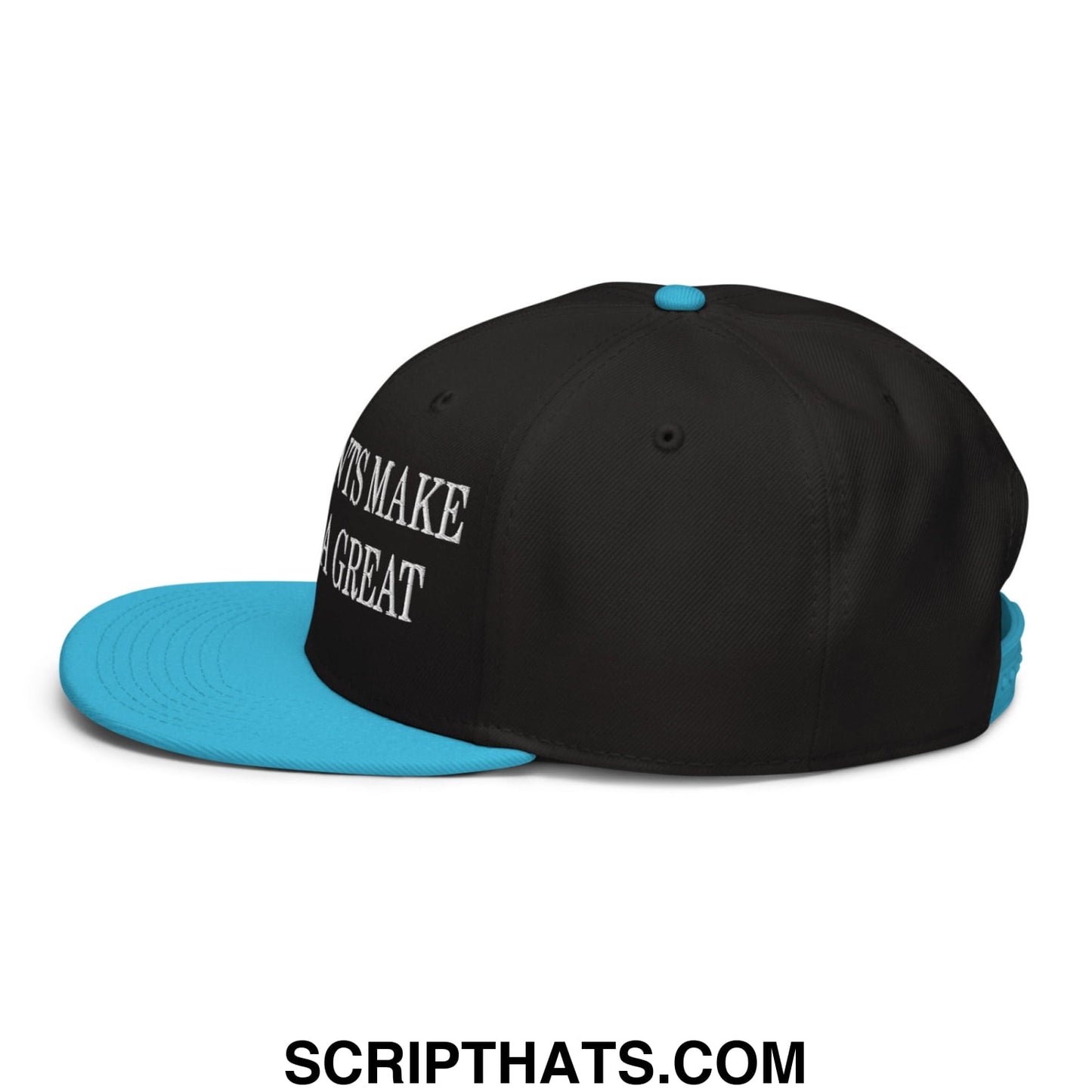 Black snapback cap with bright blue brim and white embroidered text immgirants make america great design