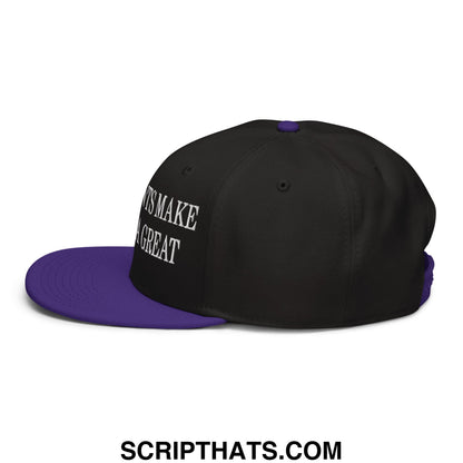 Black and purple snapback cap with white embroidered immigrants make america great text on the side