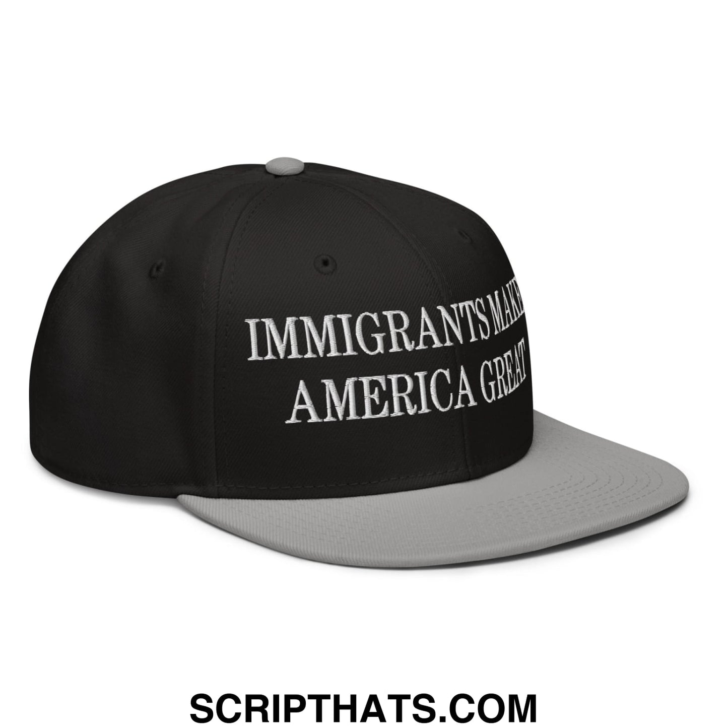 Black and gray snapback cap with white embroidered text immigrants make America great and flat brim bill design
