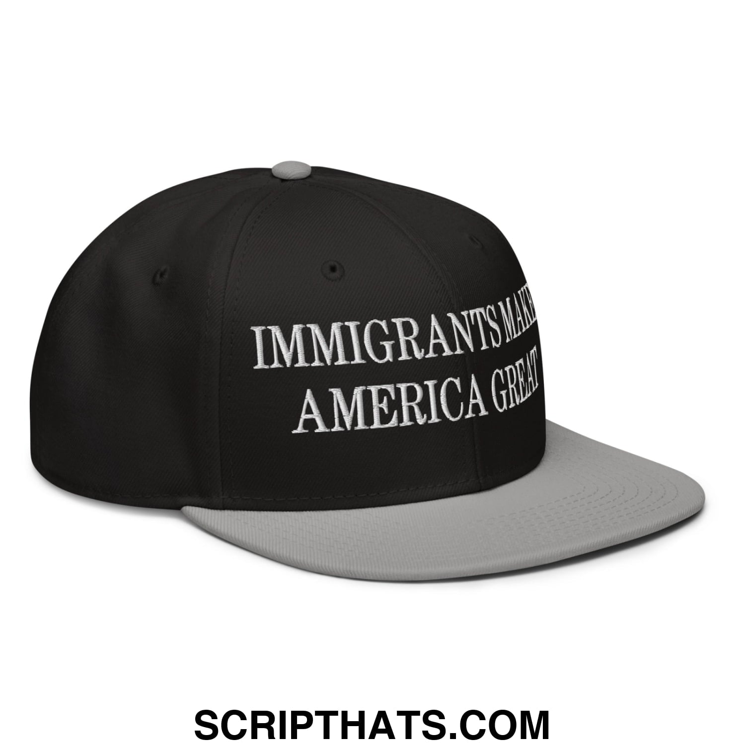 Black and gray snapback cap with white embroidered text immigrants make America great and flat brim bill design