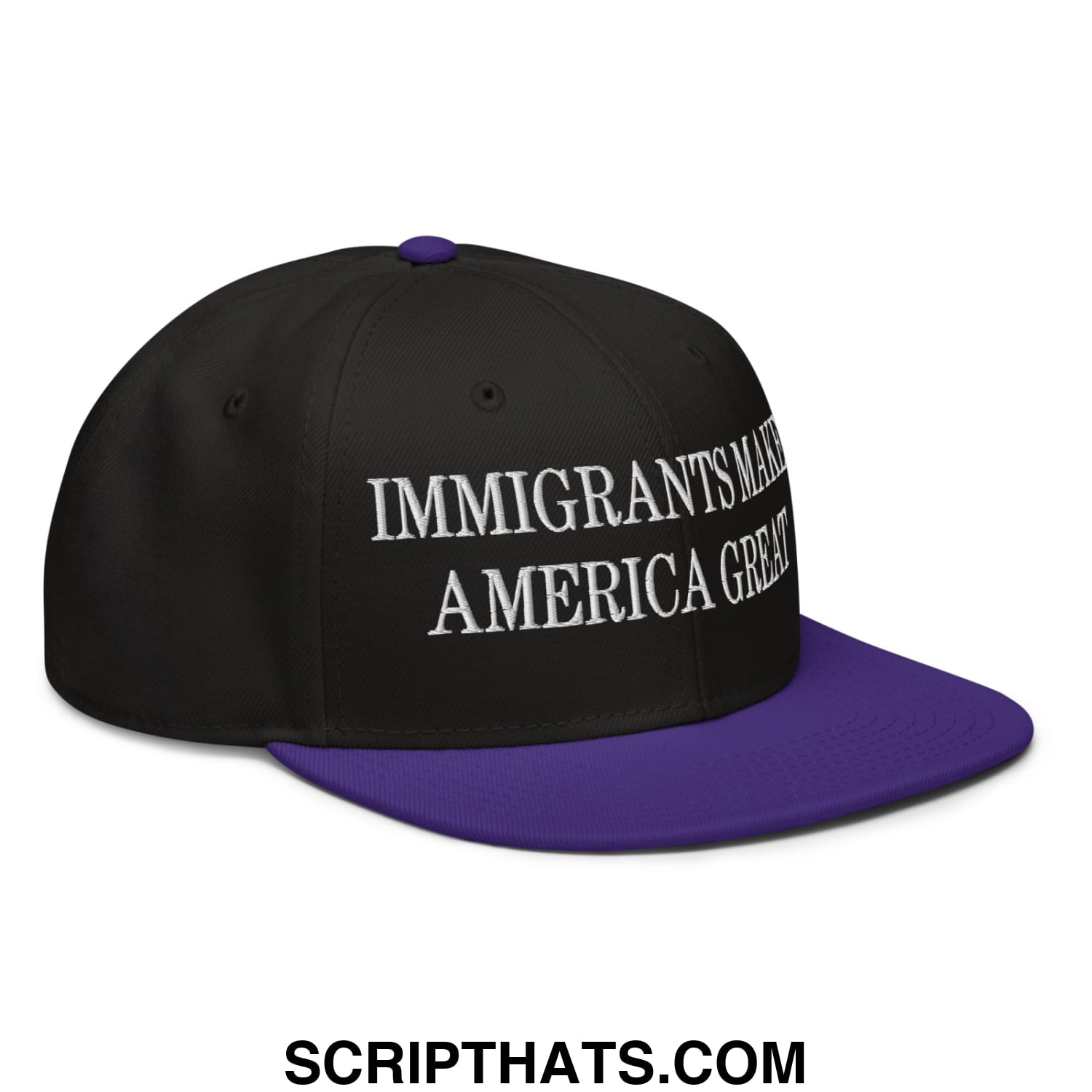 Black and purple snapback hat with white embroidered text immigrants make america great on flat brim bill