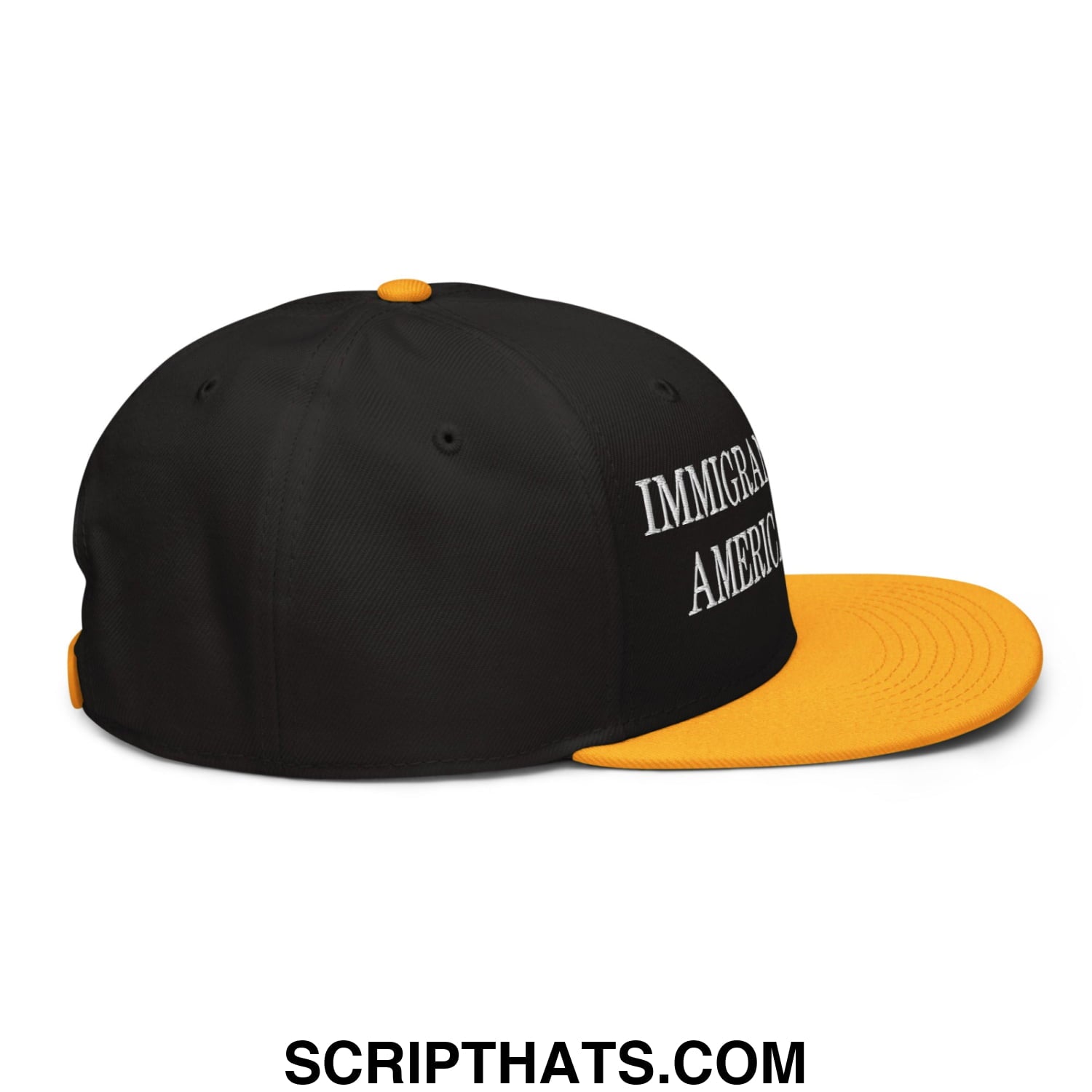 Black and yellow snapback hat with immigrant america embroidered in white script on the side