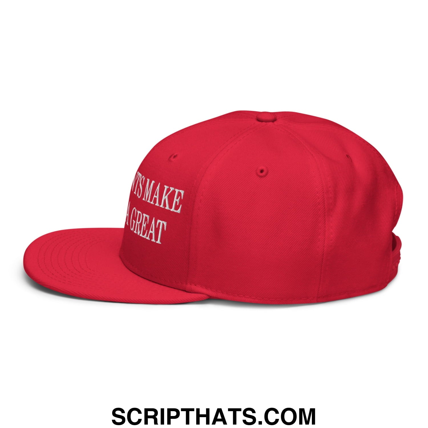 Red snapback hat with white embroidered text its make a great front panel from immigrants make America great collection