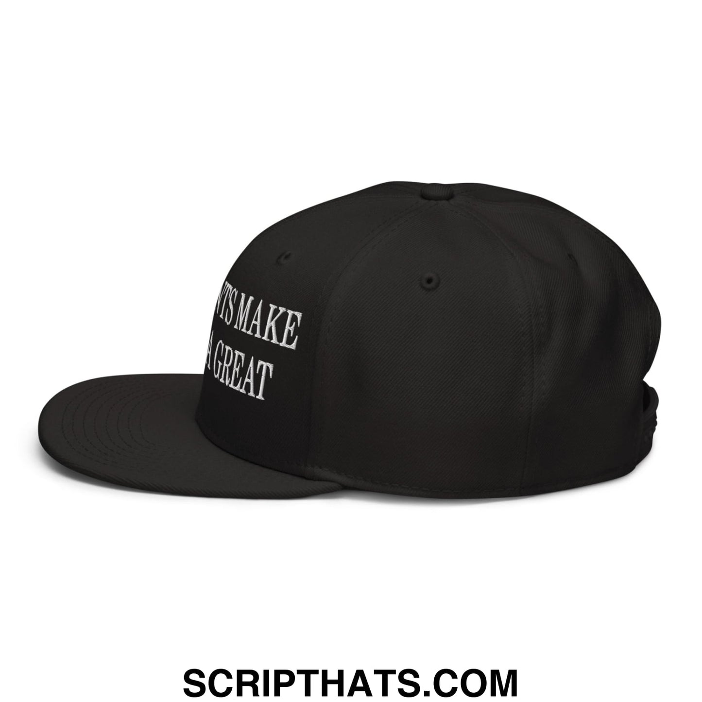Black snapback cap with white embroidered text its make a great on the side from immigrants make america great hat
