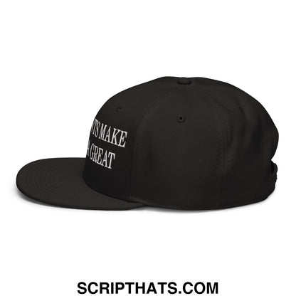 Black snapback cap with white embroidered text its make a great on the side from immigrants make america great hat