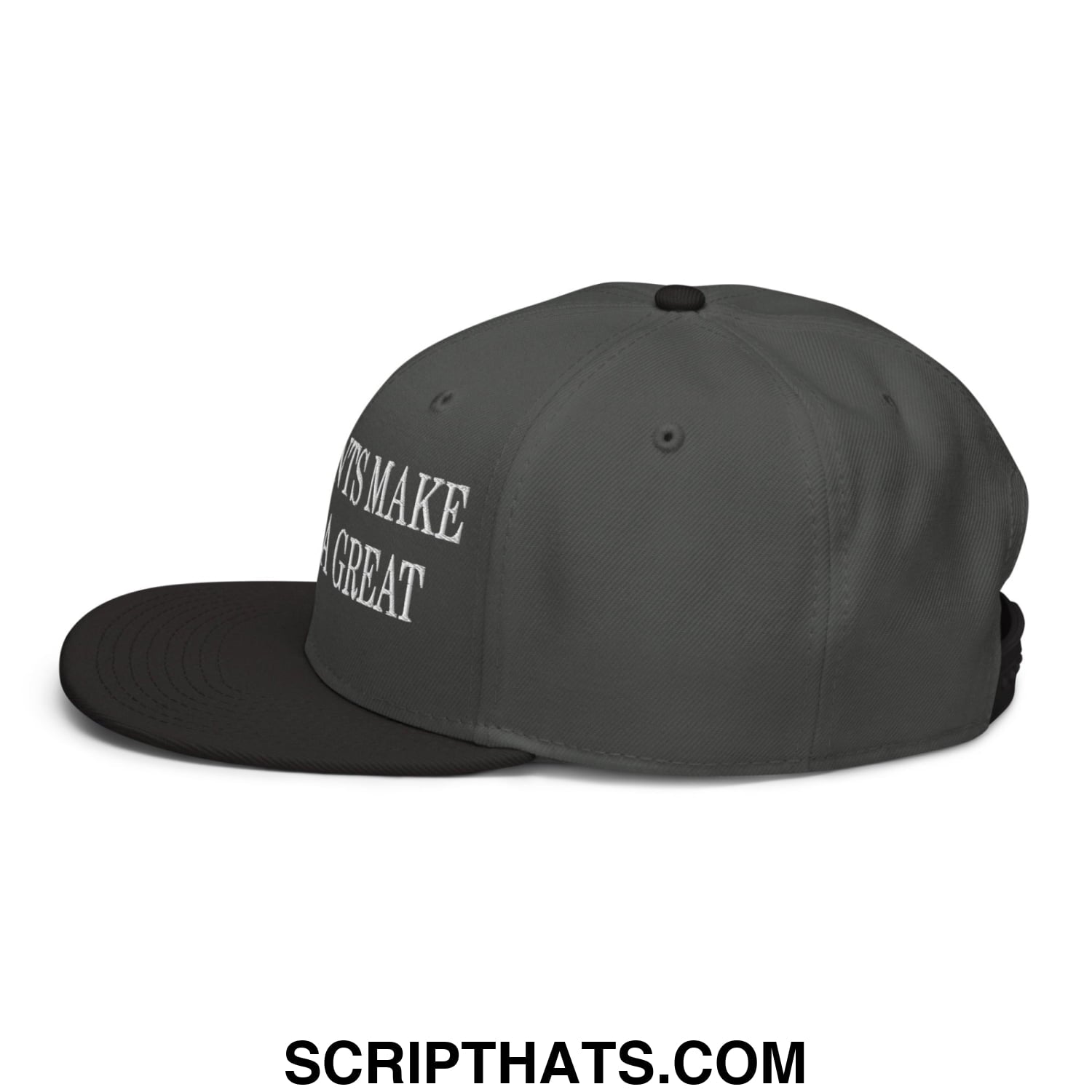 Dark gray flat brim snapback cap with white embroidered its make a great text on the side for immigrants make america great