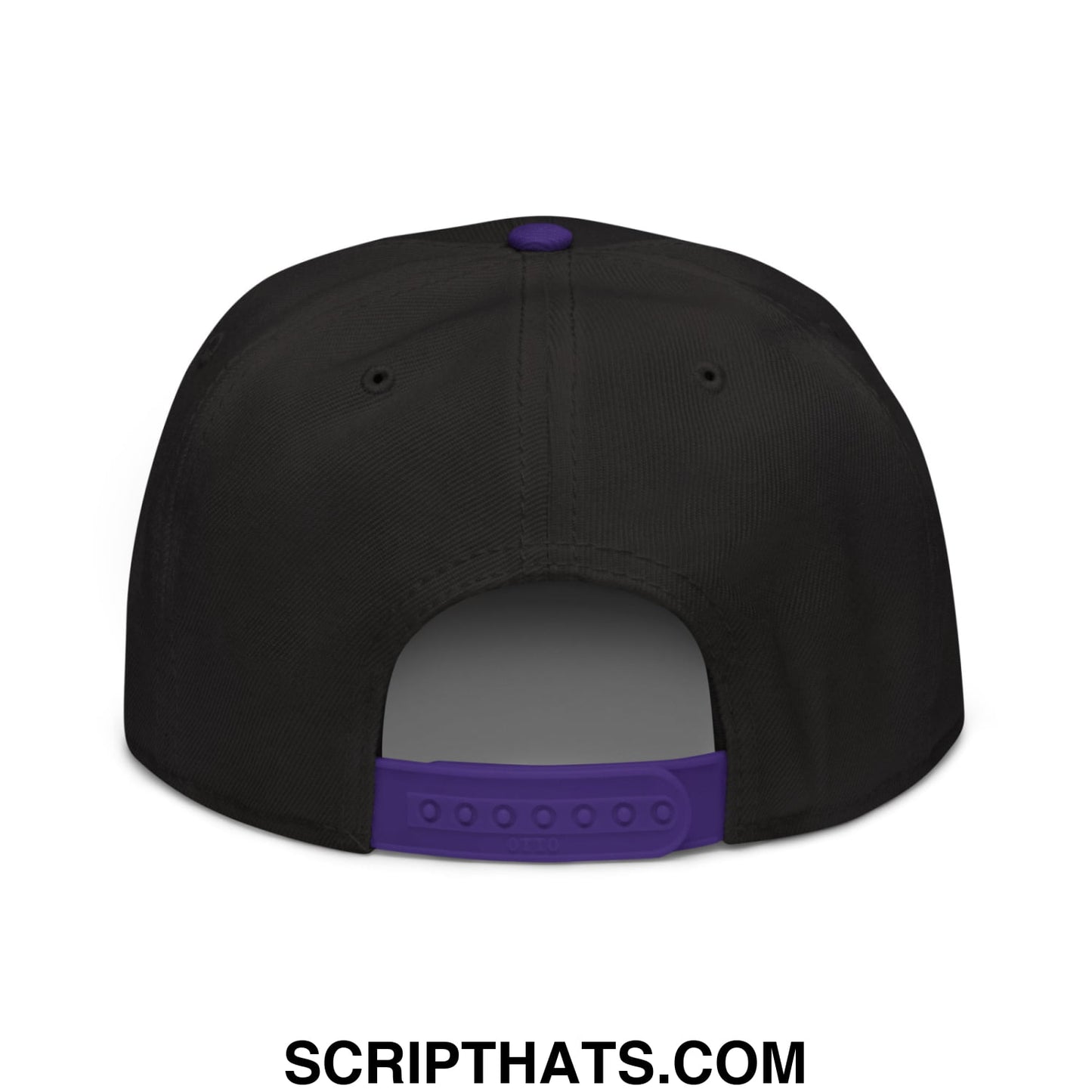 Black snapback cap with purple button and adjustable strap featuring embroidered immigrants make america great text