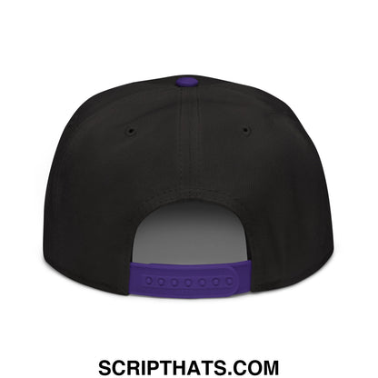 Black snapback cap with purple button and adjustable strap featuring embroidered immigrants make america great text