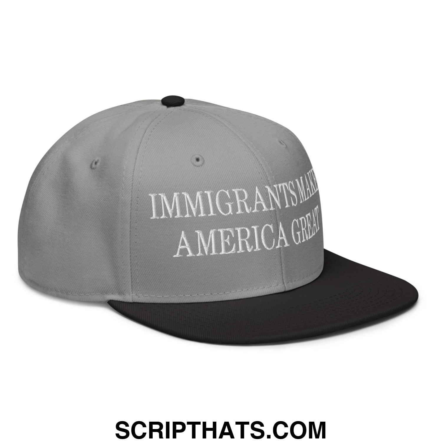 Gray snapback hat with black brim and white embroidered text reading immigrants make america great