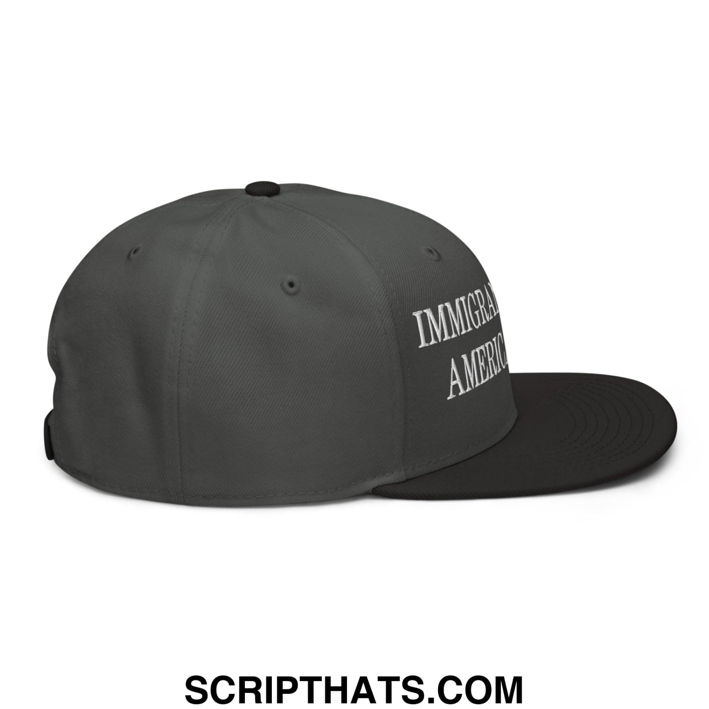 Dark gray snapback cap with white embroidered immigrant america text on the side flat brim bill hat