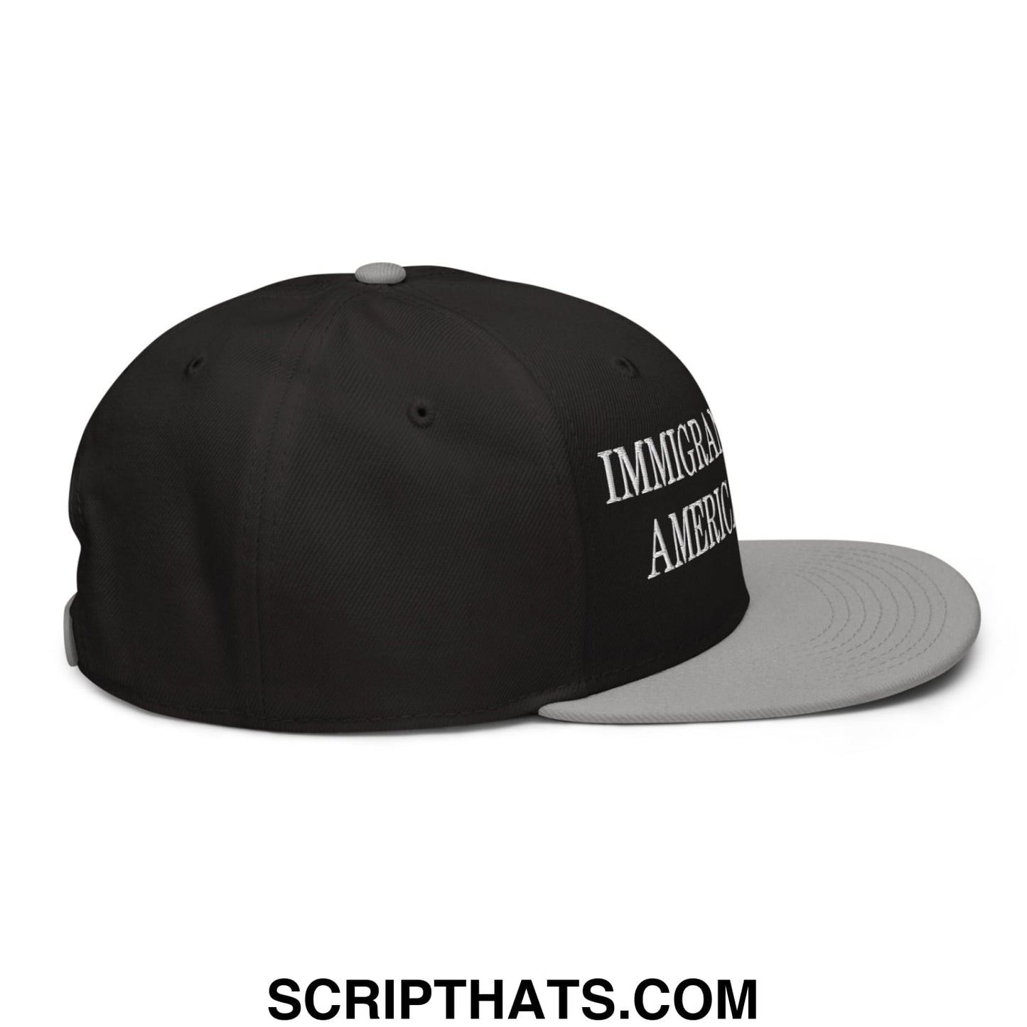 Black and gray snapback cap with white embroidered immigrant america text on the side for casual wear