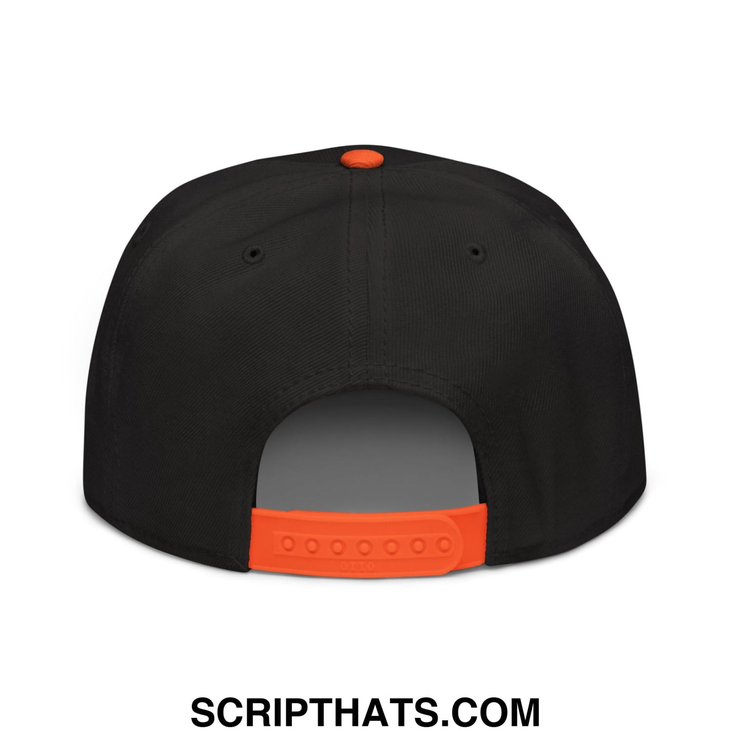 Black snapback cap with bright orange plastic button and adjustable strap featuring embroidered flat brim bill design