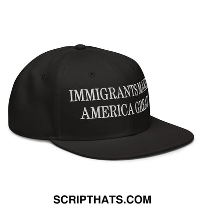 Black snapback cap with white embroidered text immigrants make america great on flat brim bill