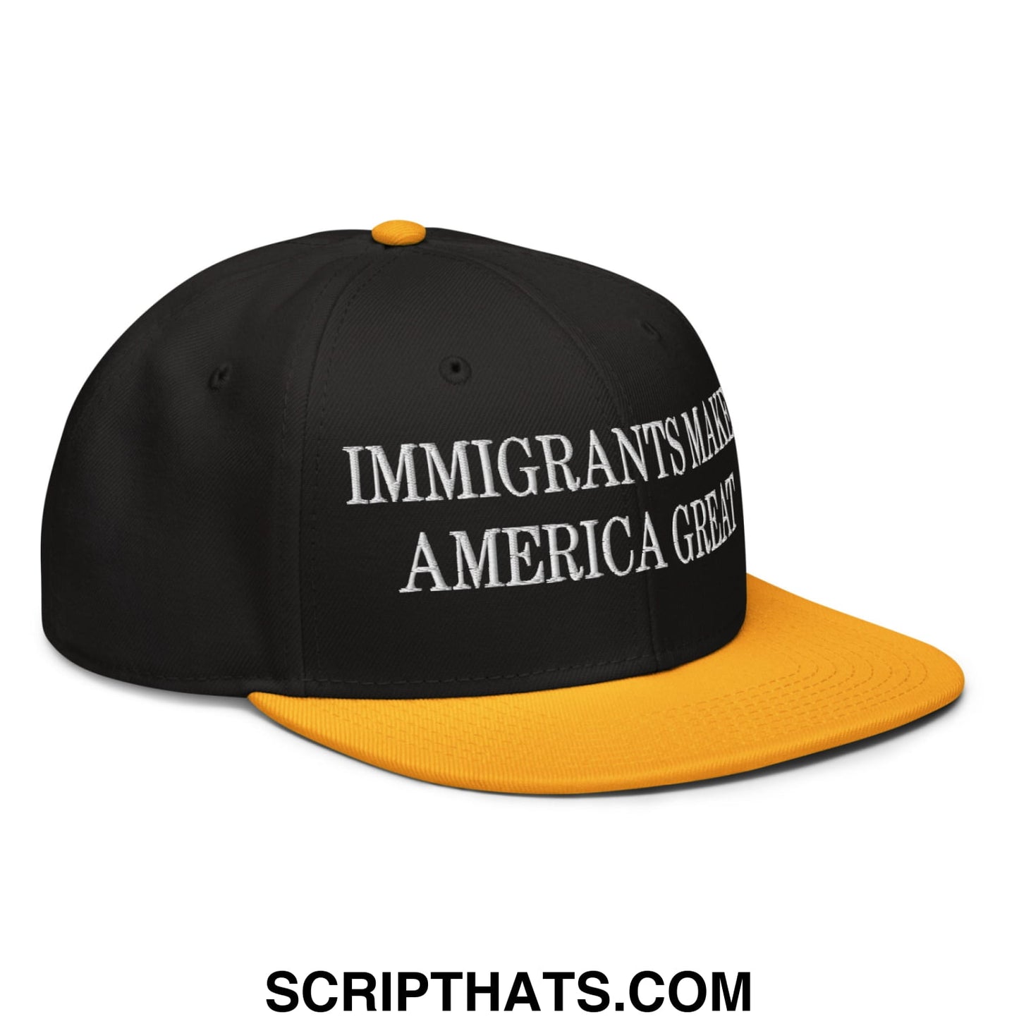 Black and gold snapback hat with white embroidered immigrants make America great text on flat brim bill