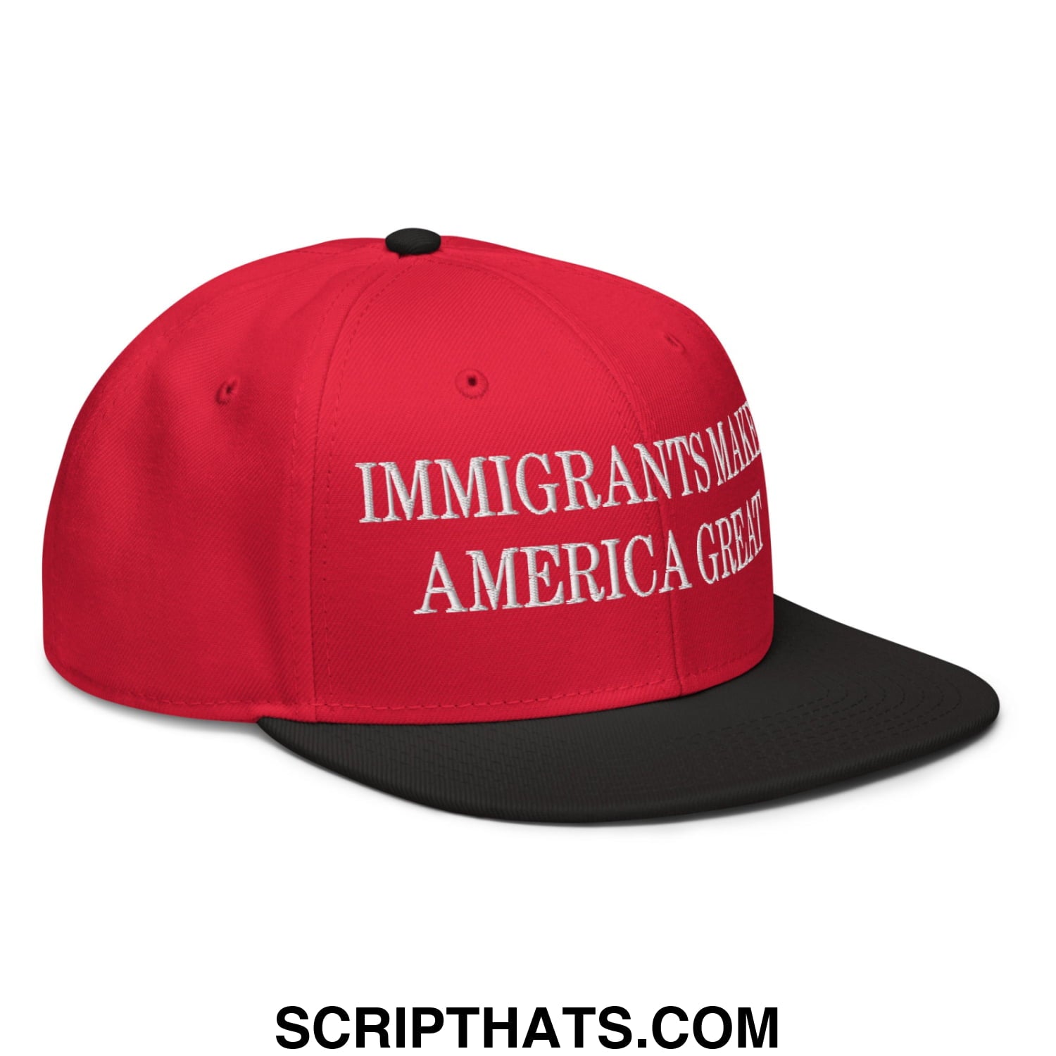 Red and black embroidered snapback cap with white text reading immigrants make america great flat brim hat
