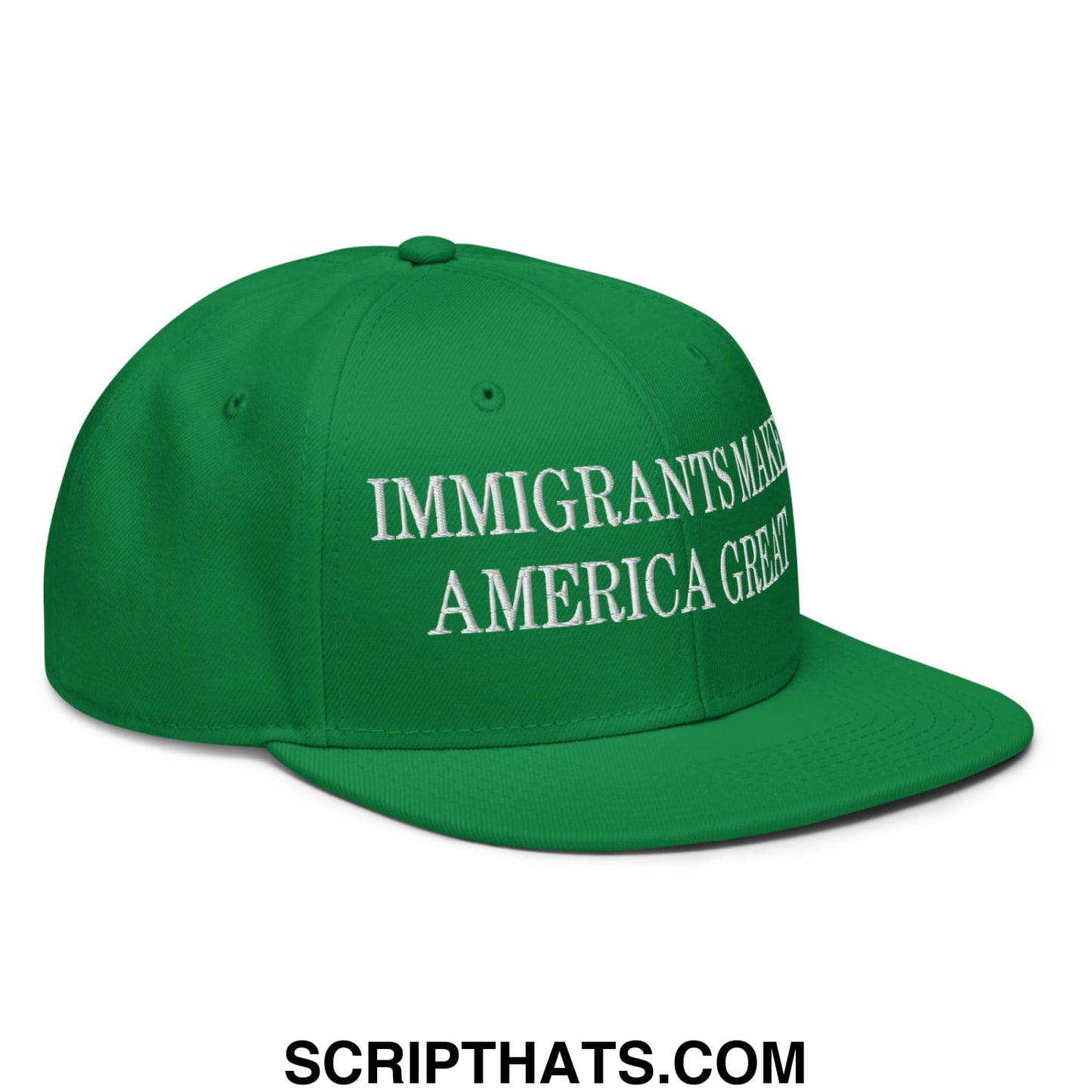Green snapback hat with white embroidered immigrants make america great text and flat brim for casual wear