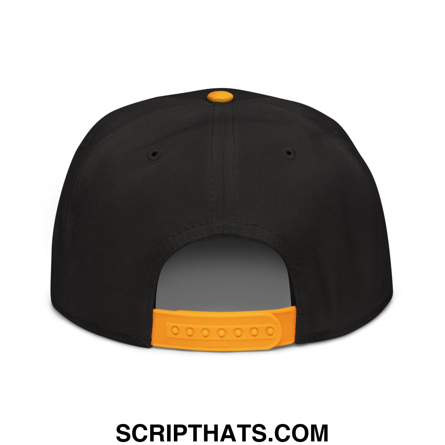 Black flat brim snapback hat with immigrants make america great embroidery and bright orange adjustable strap visible from back