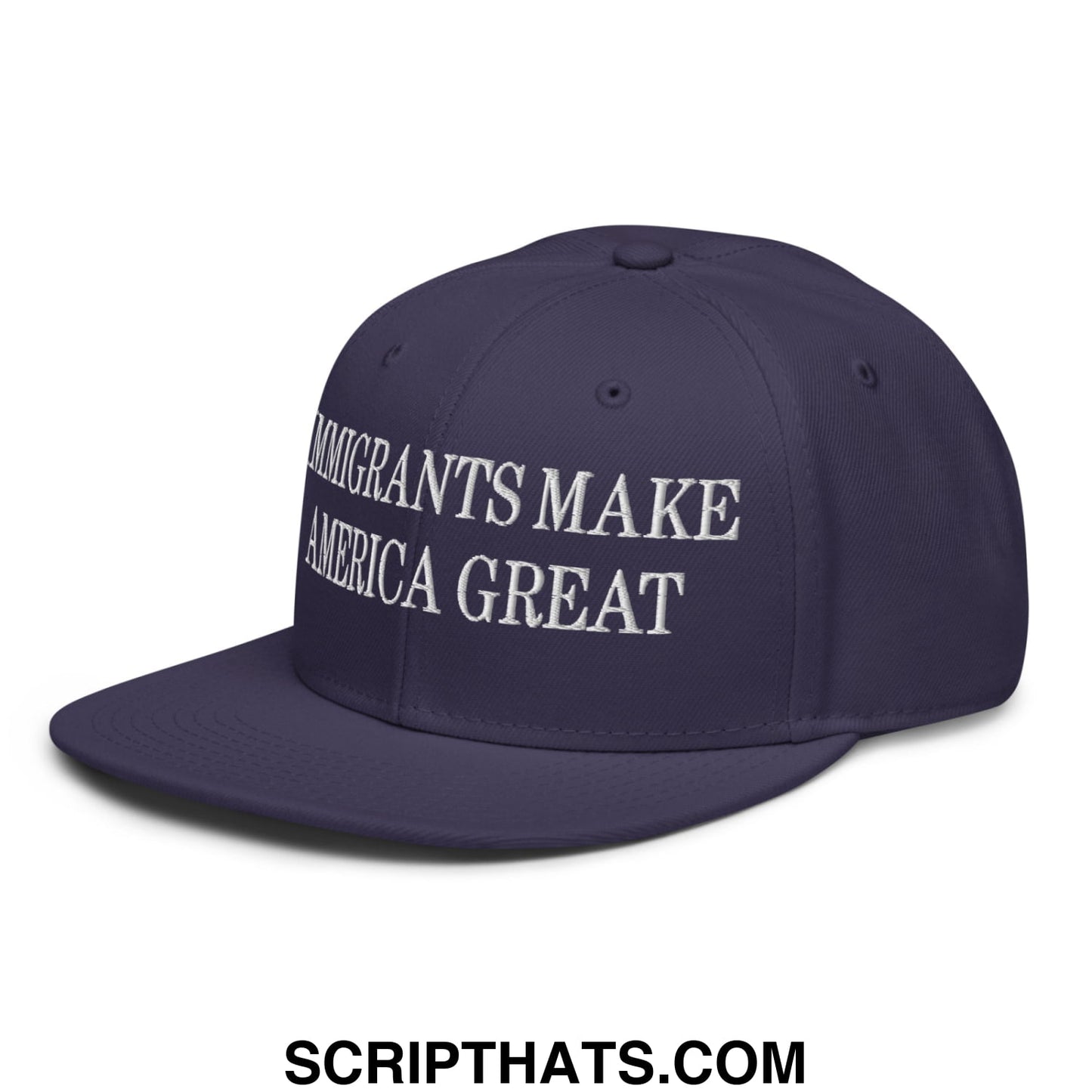 Navy blue snapback hat with white embroidered immigrants make america great text on flat brim bill