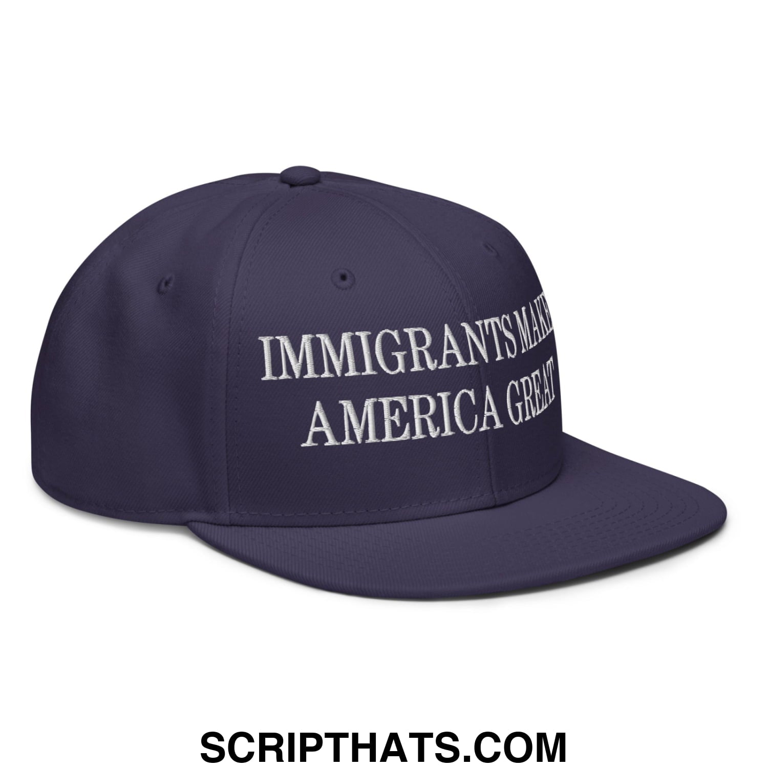 Navy blue snapback hat with white embroidered immigrants make america great text and flat brim bill design