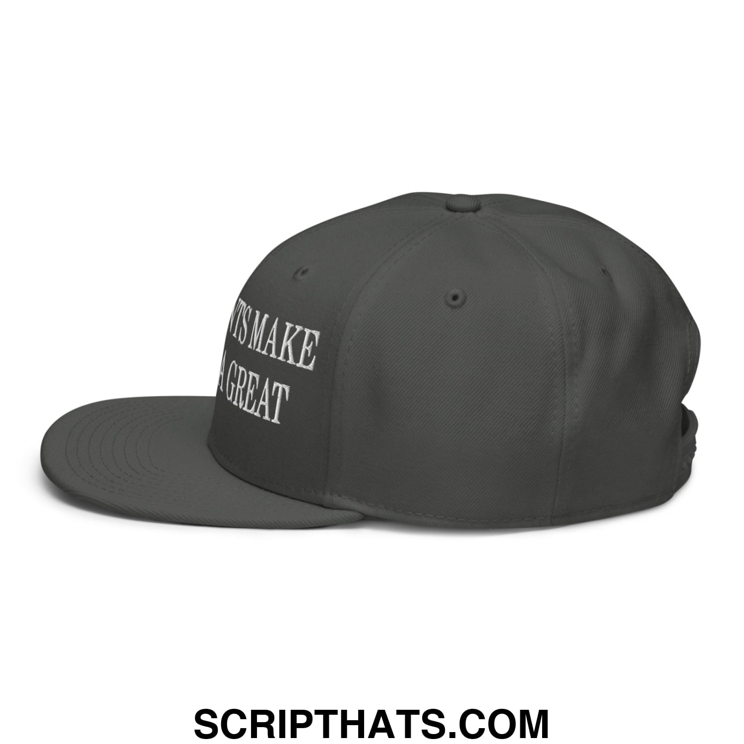 Dark gray snapback cap with white embroidered text reading lifts make a great on the side from immigrants make america great collection