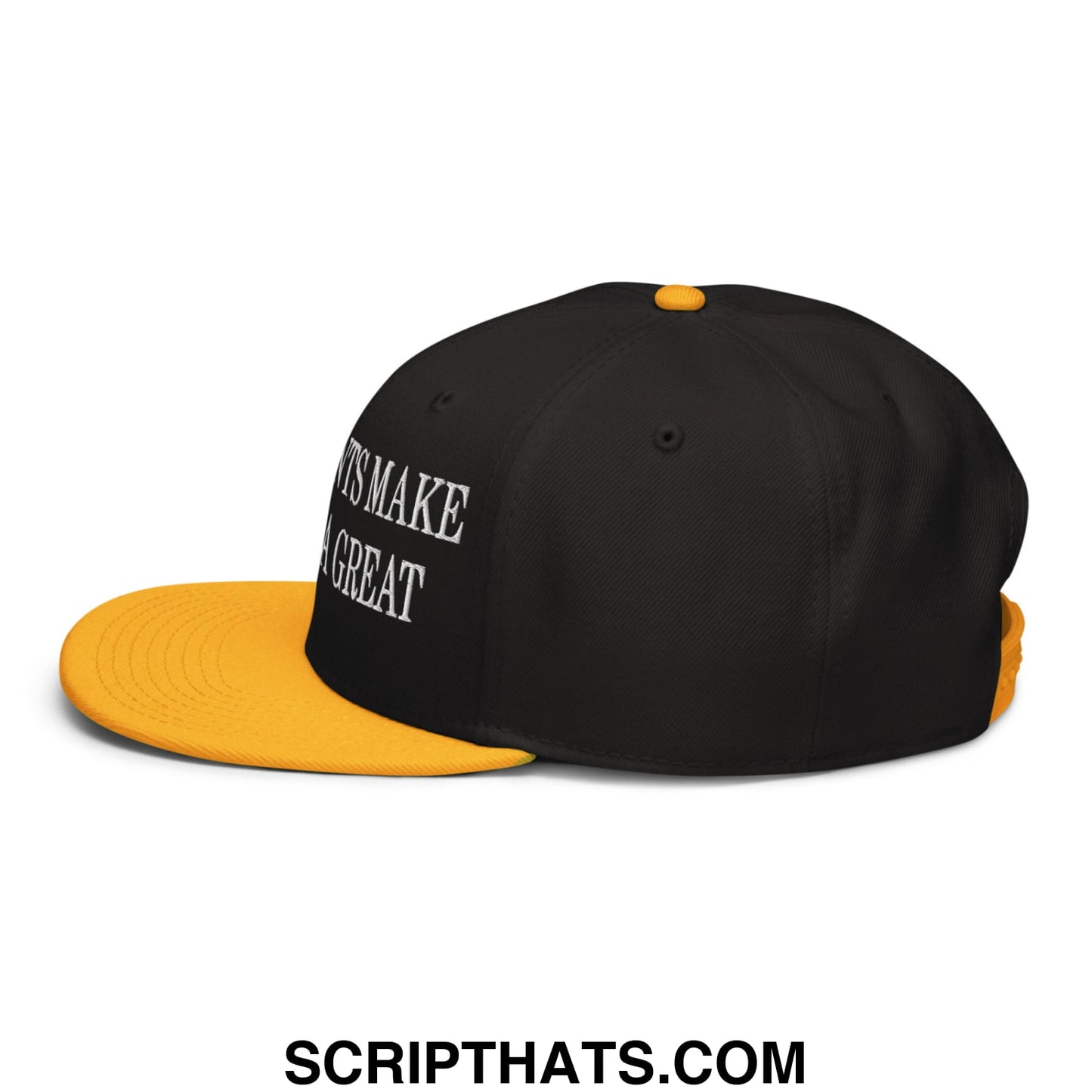 Black and yellow snapback cap with white embroidered its make a great text on the side from immigrants make america great hat