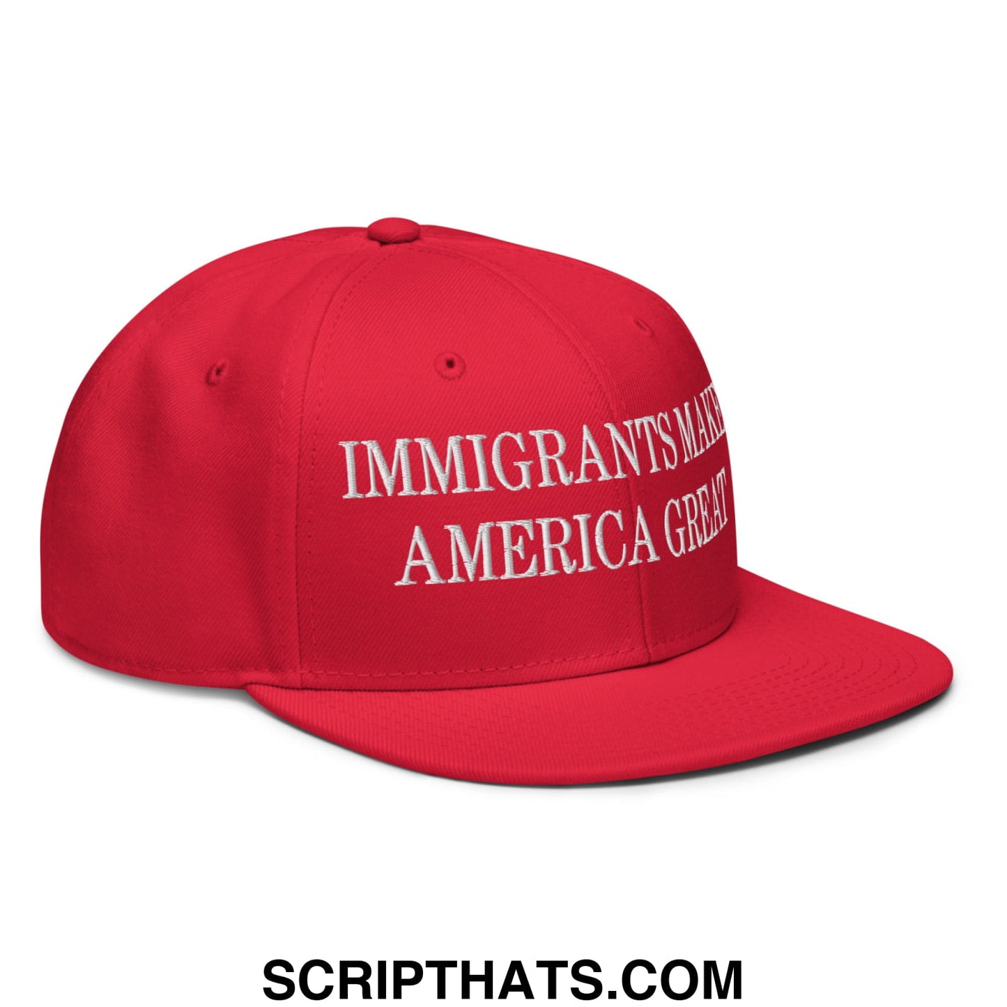 Red snapback cap with white embroidered immigrants make america great text on flat brim bill for casual wear