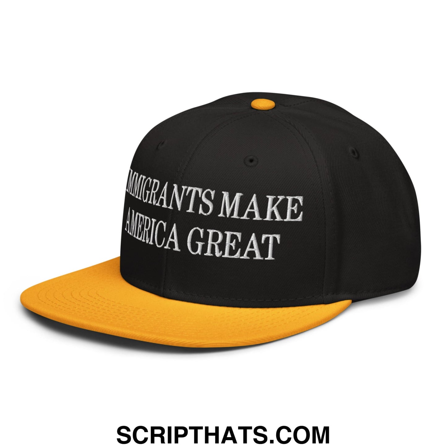 Black and gold snapback hat with white embroidered immigrants make america great text on flat brim bill