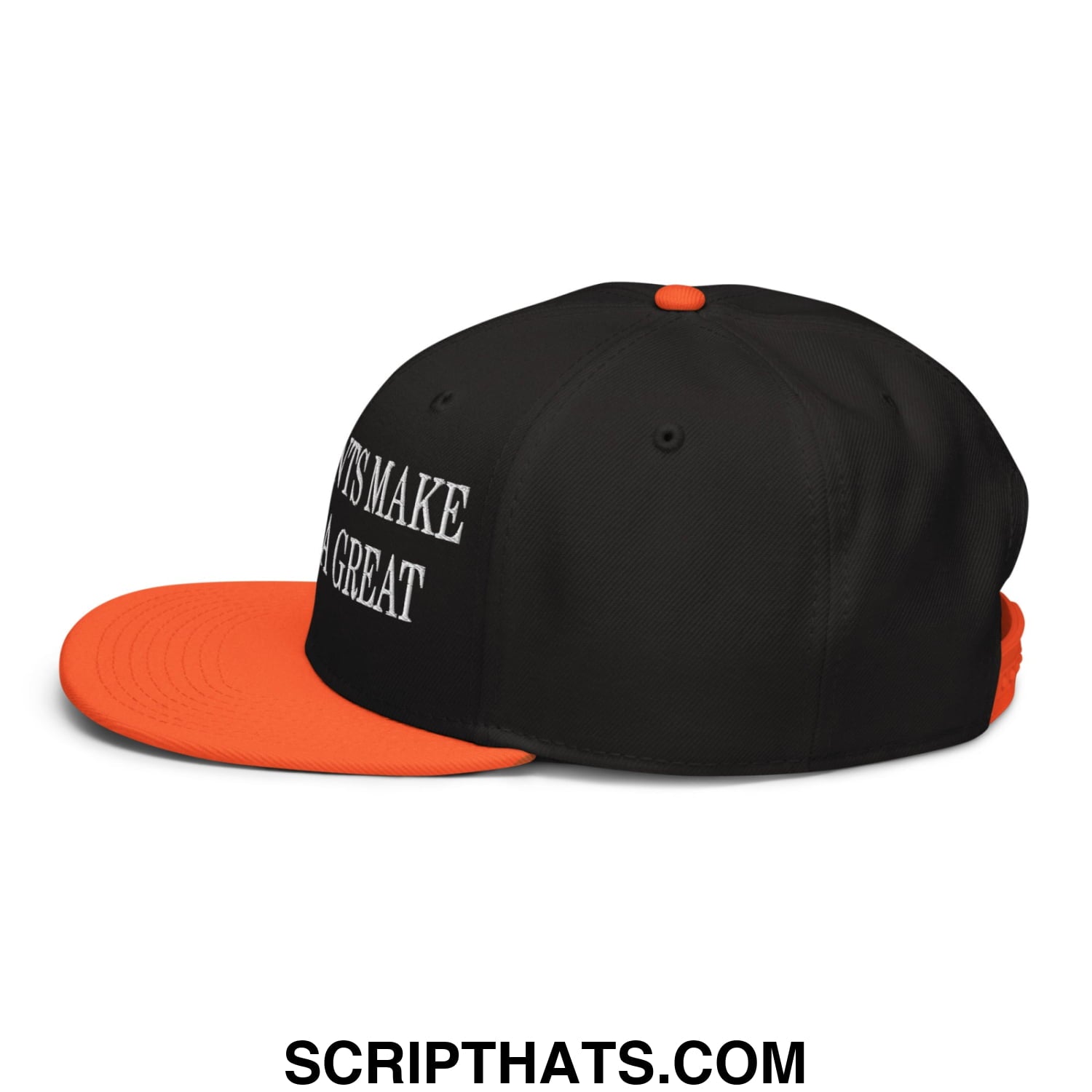 Black and orange snapback cap with white embroidered text reading its make a great in immigrants make america great series