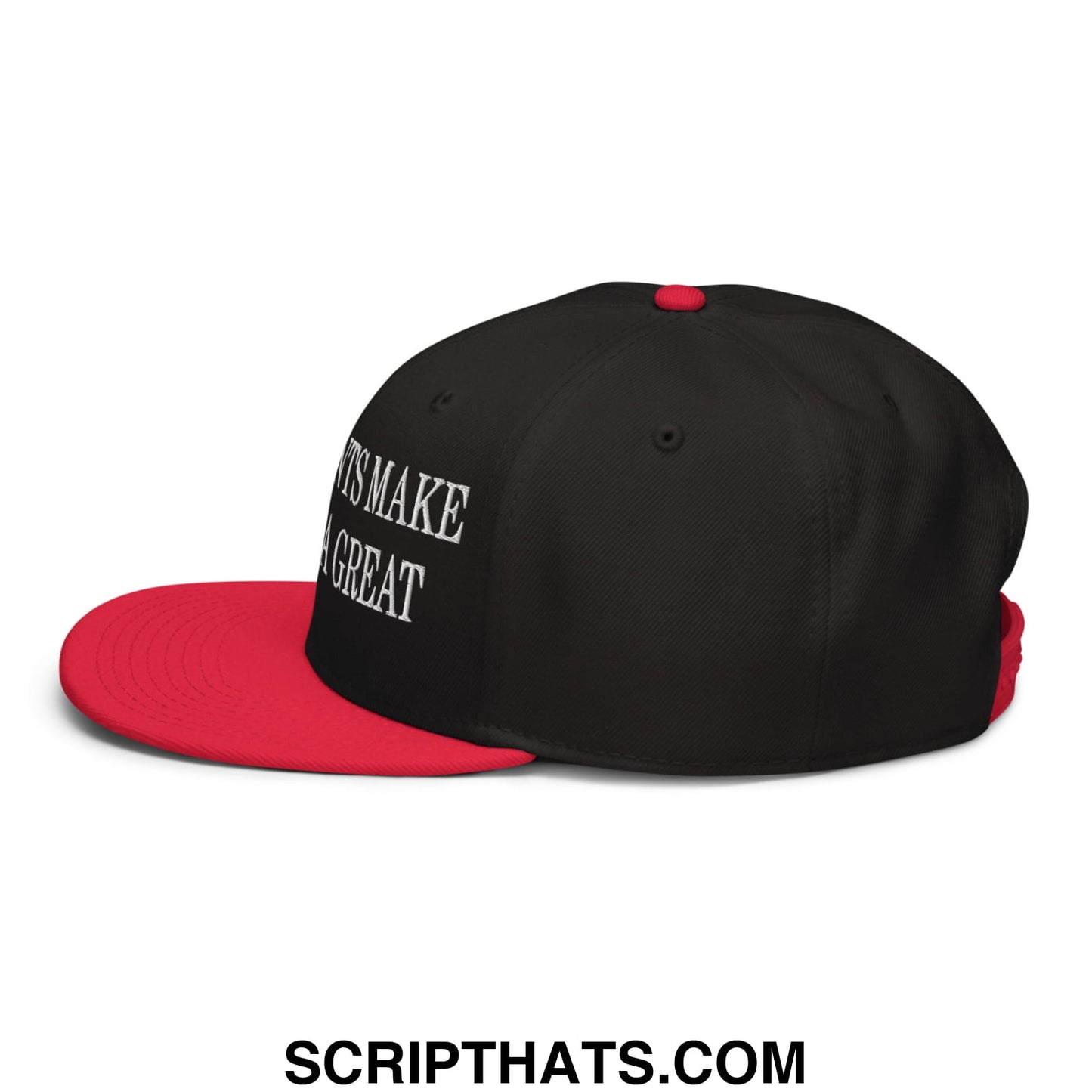 Black and red snapback hat with white embroidered text things make a great on the side flat brim bill design