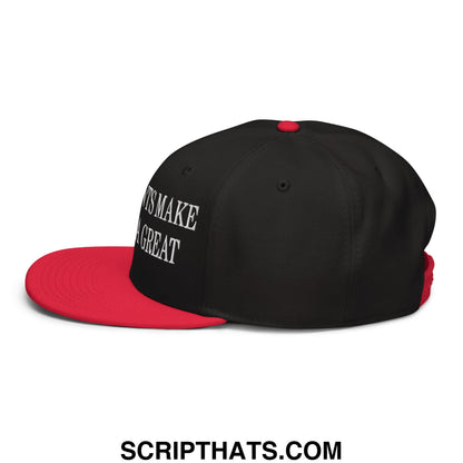 Black and red snapback hat with white embroidered text things make a great on the side flat brim bill design