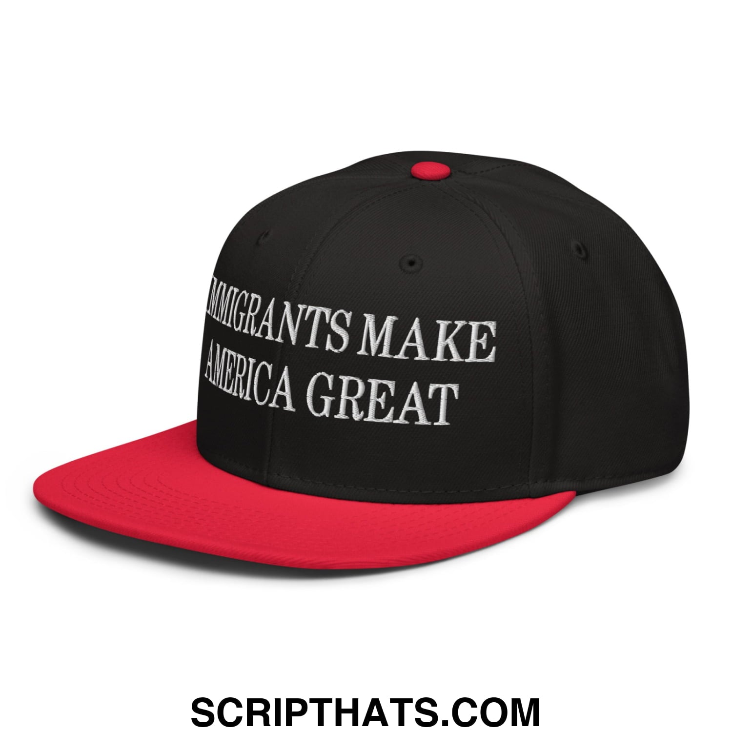 Black and red snapback hat with white embroidered immigrants make america great text on front flat brim cap