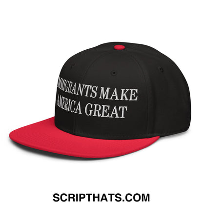 Black and red snapback hat with white embroidered immigrants make america great text on front flat brim cap