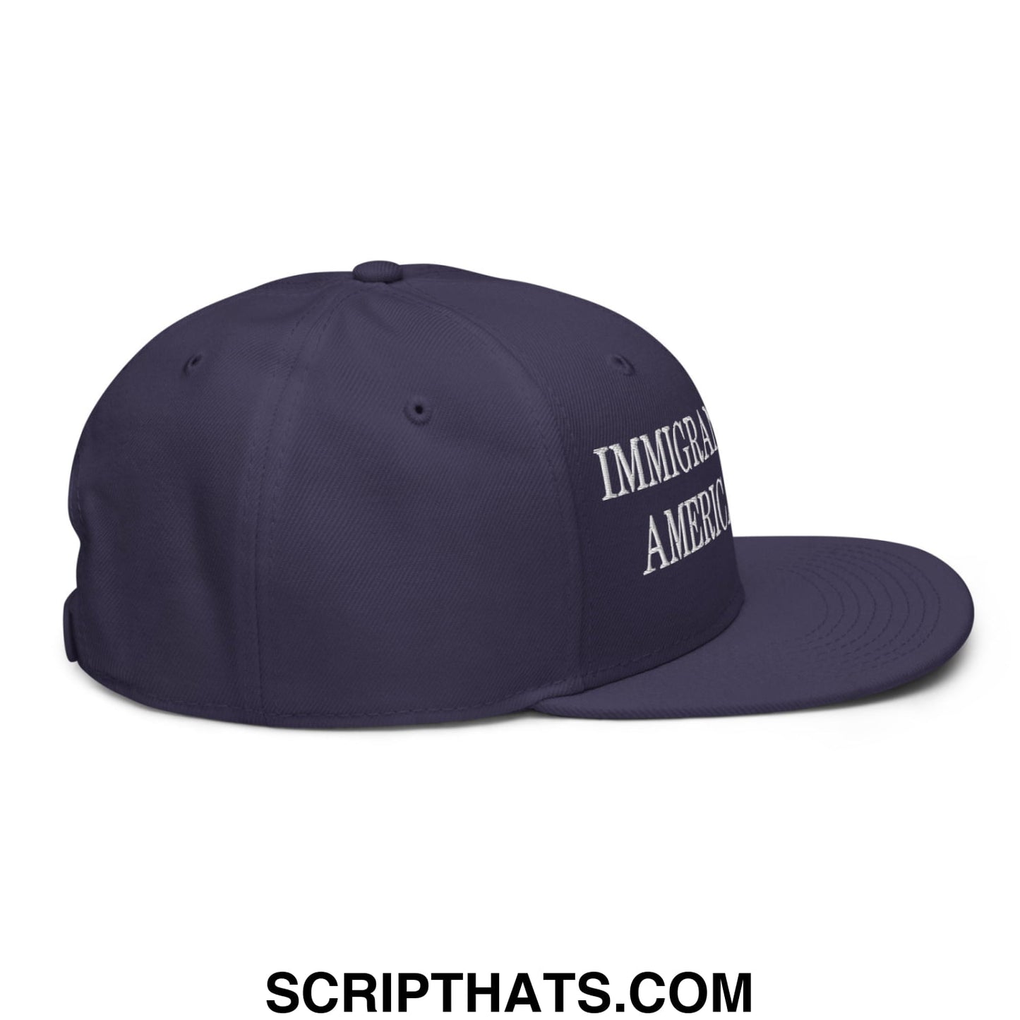 Navy blue snapback cap with white embroidered immigrant america text on side flat brim bill hat for immigrants