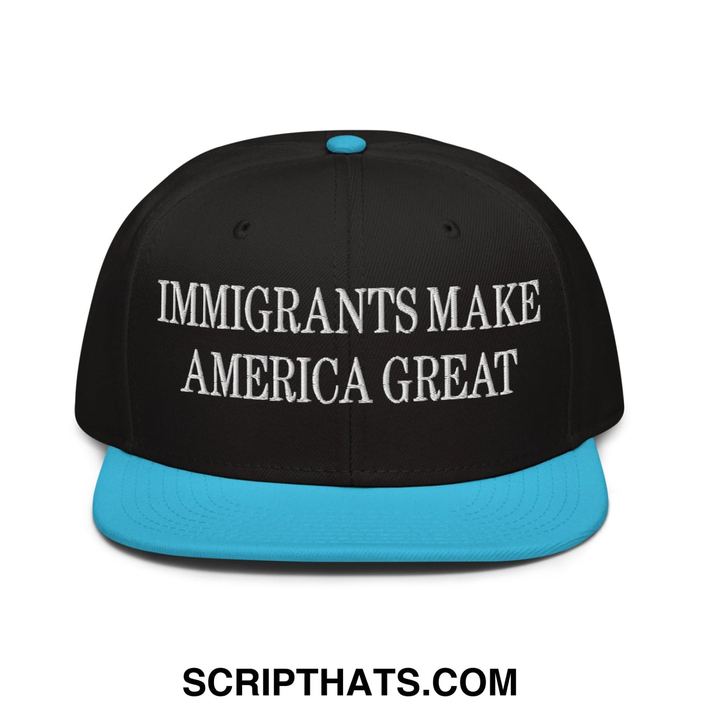 Black snapback cap with bright blue brim and white embroidered text immigrrants make america great on front panel