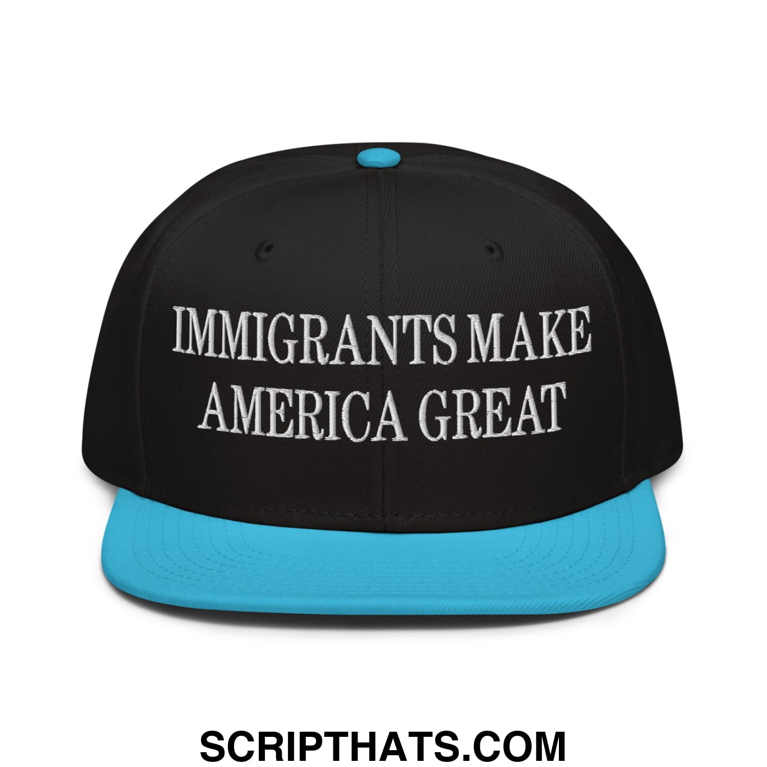 Black snapback cap with bright blue brim and white embroidered text immigrrants make america great on front panel