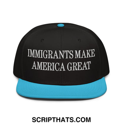Black snapback cap with bright blue brim and white embroidered text immigrrants make america great on front panel
