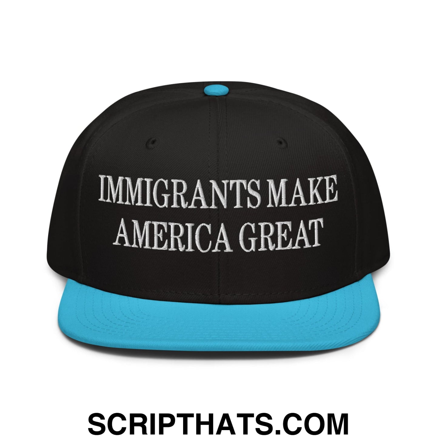 Immigrants Make America Great Embroidered Flat Brim Bill Snapback Hat Aqua blue Black Black