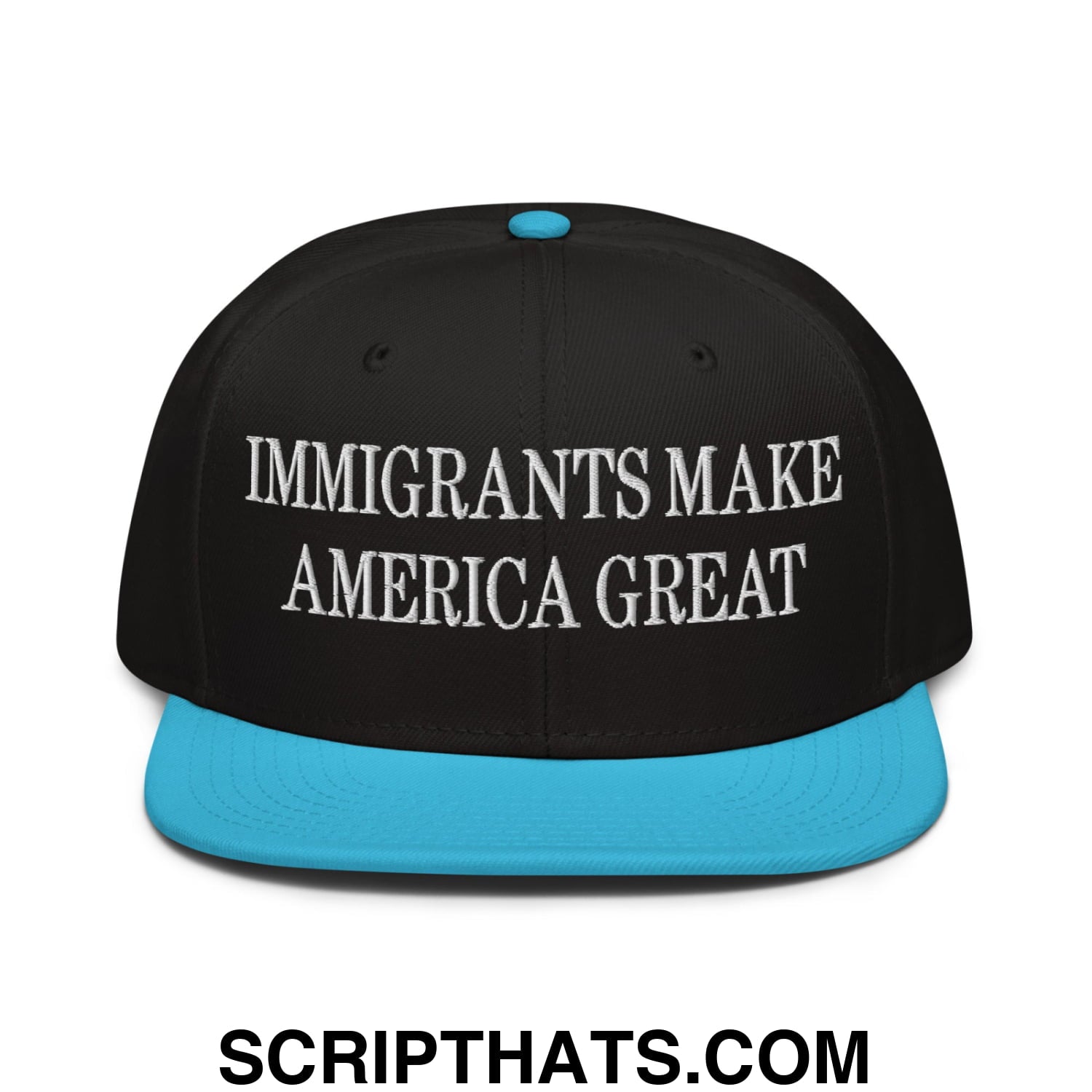 Immigrants Make America Great Embroidered Flat Brim Bill Snapback Hat Aqua blue Black Black